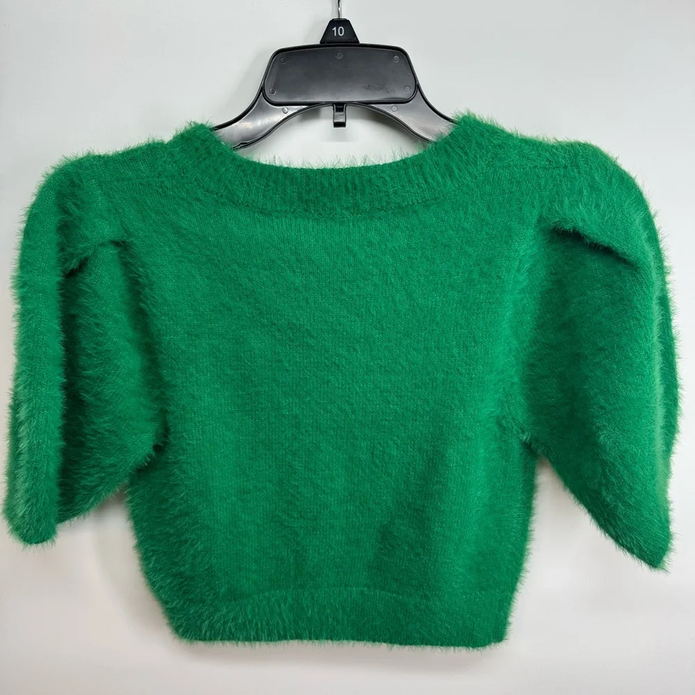 NEW Day + Moon Green Fuzzy Knit Crop Short Sleeve Sweater Womens Small - Picture 6 of 8